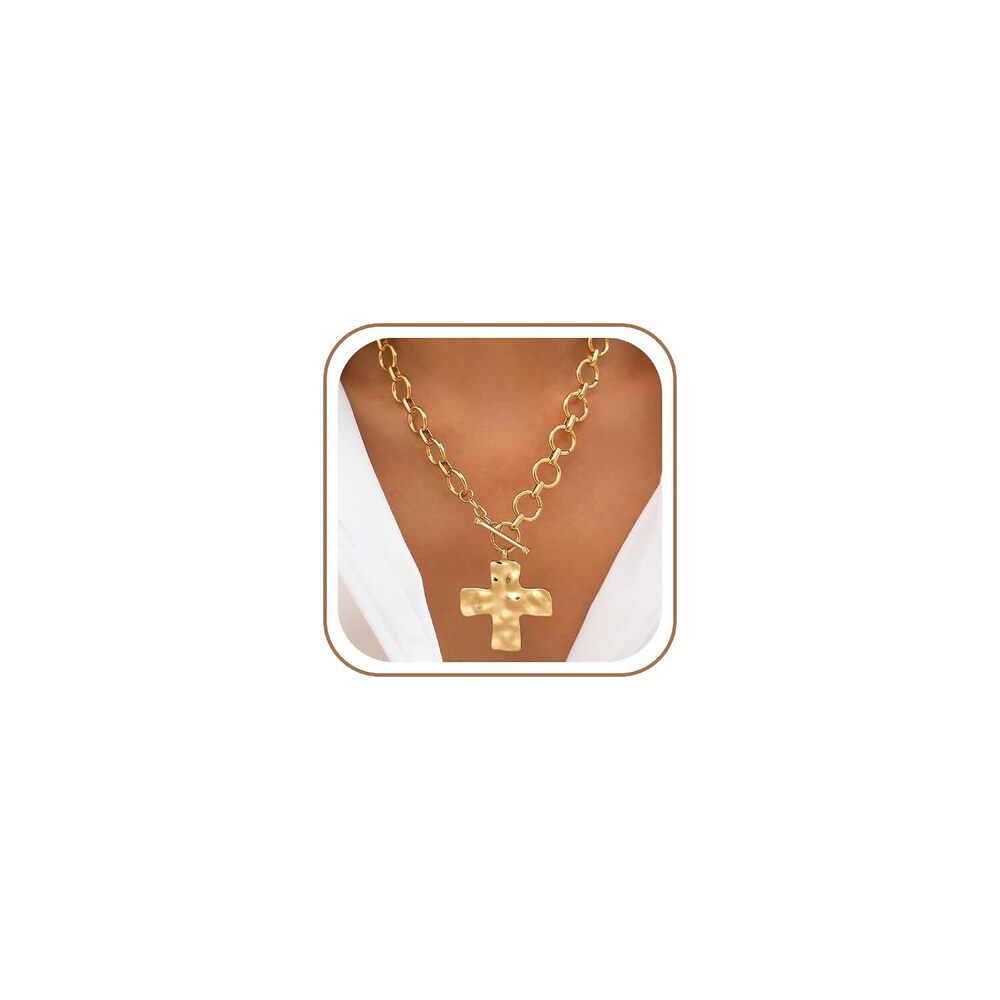 14K Gold Plated Chunky Necklace for Women, Trendy Hammered Bold Cross